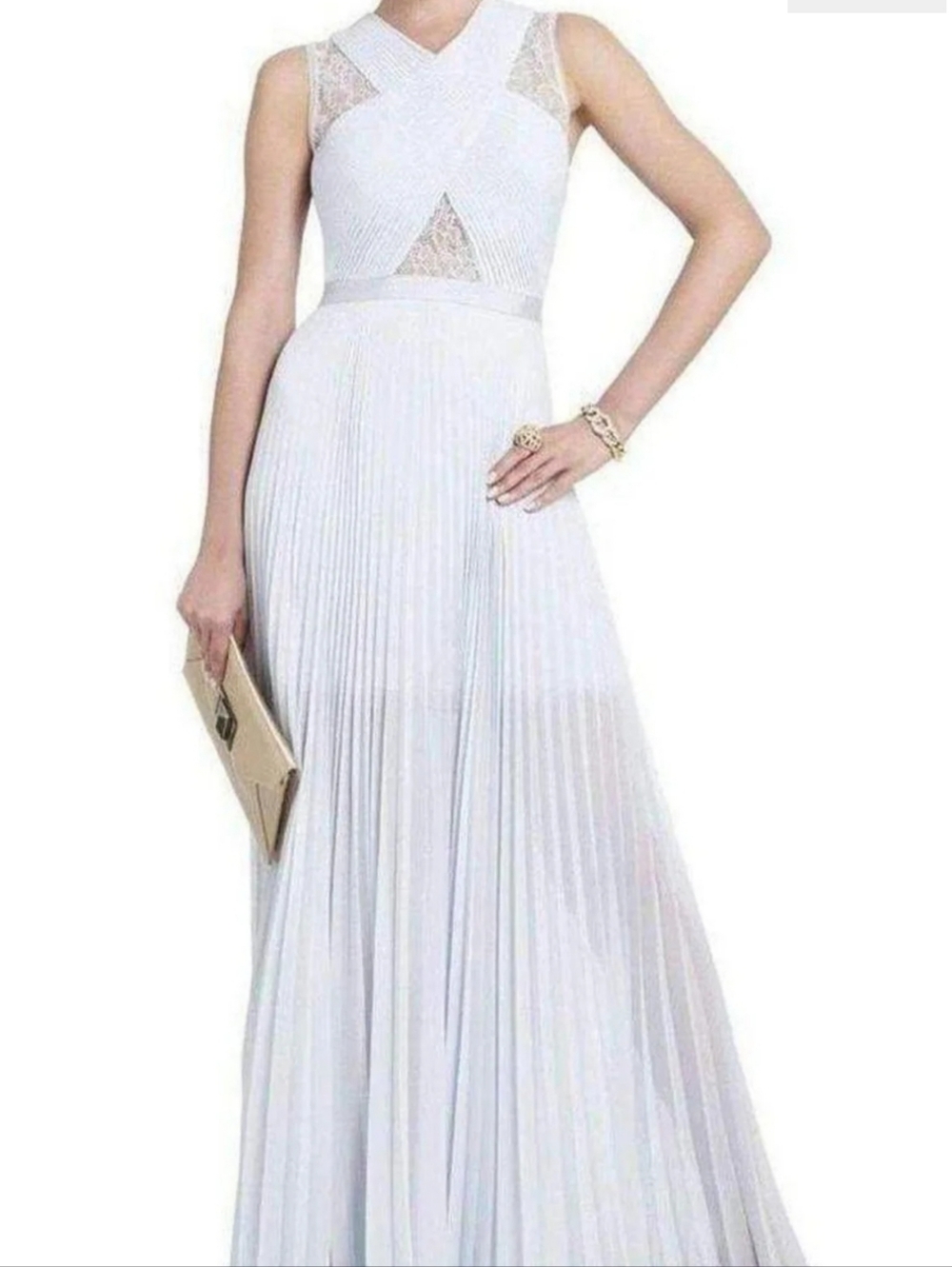 BCBGMaxAzria White Pleated Lace Inset Maxi Gown